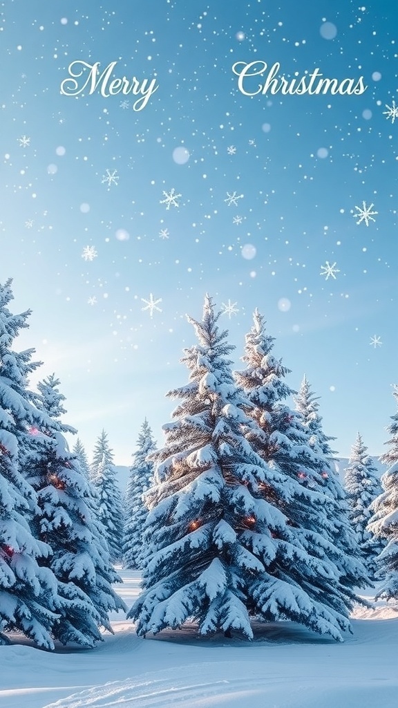 A snowy Christmas wallpaper design with pine trees and snowflakes, evoking a festive winter scene.